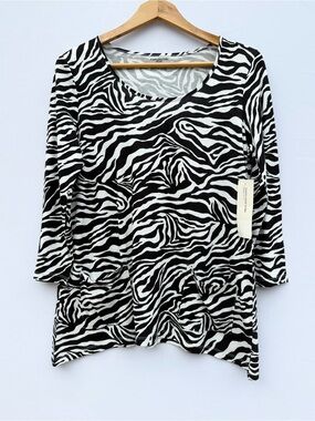 Jones New York Black & White Zebra-Print Long Sleeve Top, PS, NWT - Free Gift!
